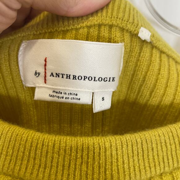 Anthropologie Off the Shoulder Cashmere Sweater Ribbed Slit Elbow Chartreuse S - Picture 4 of 6
